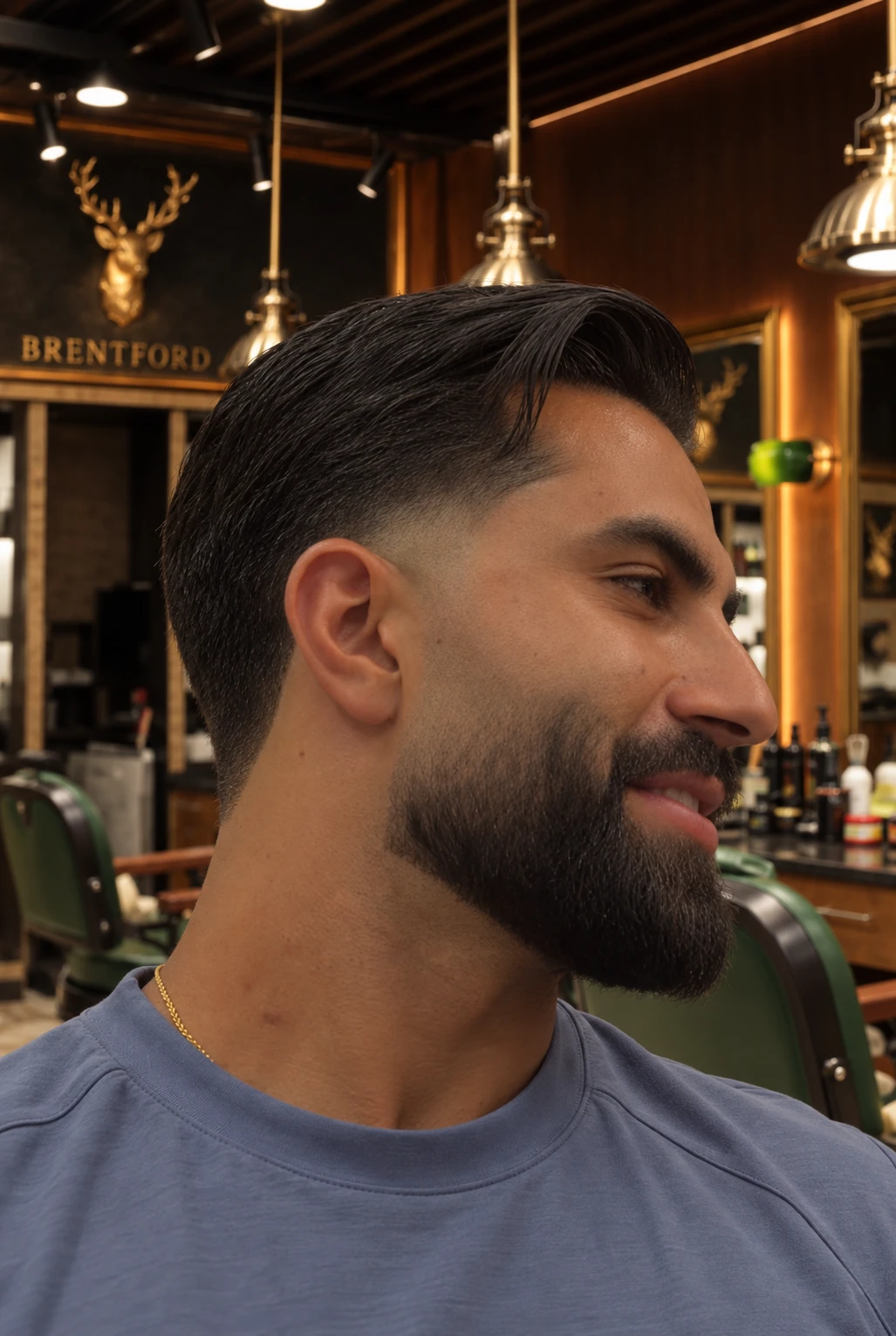 A shaped beard profile, cut at Crew Barbers Brentford