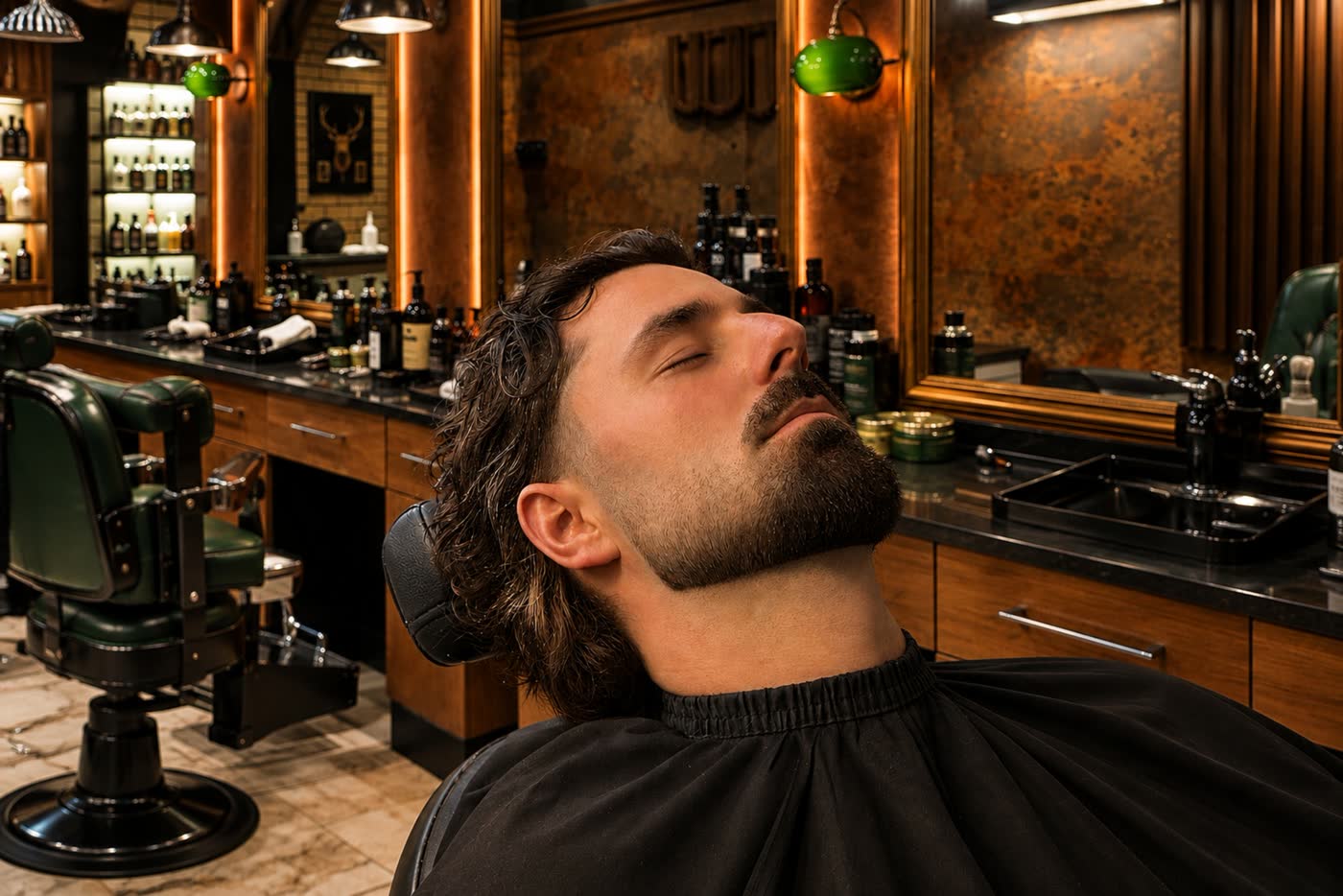 A client reclined for a hot-towel finish at Crew Barbers Brentford
