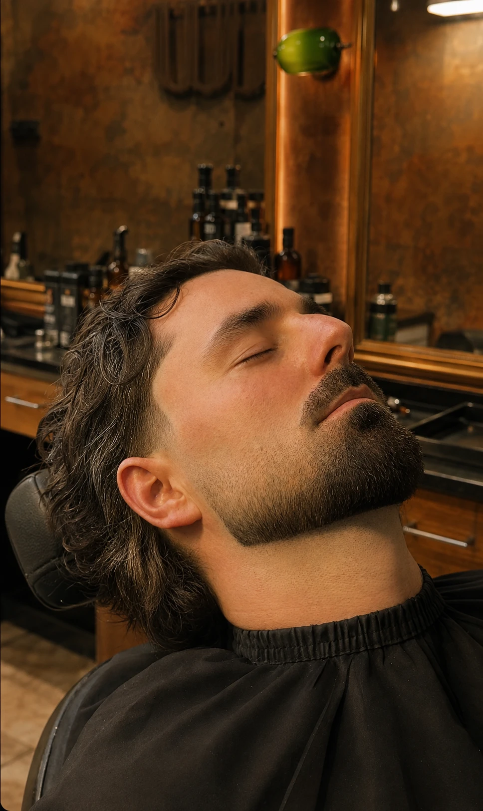 A client at the basin during a hot-towel finish at Crew Barbers Brentford
