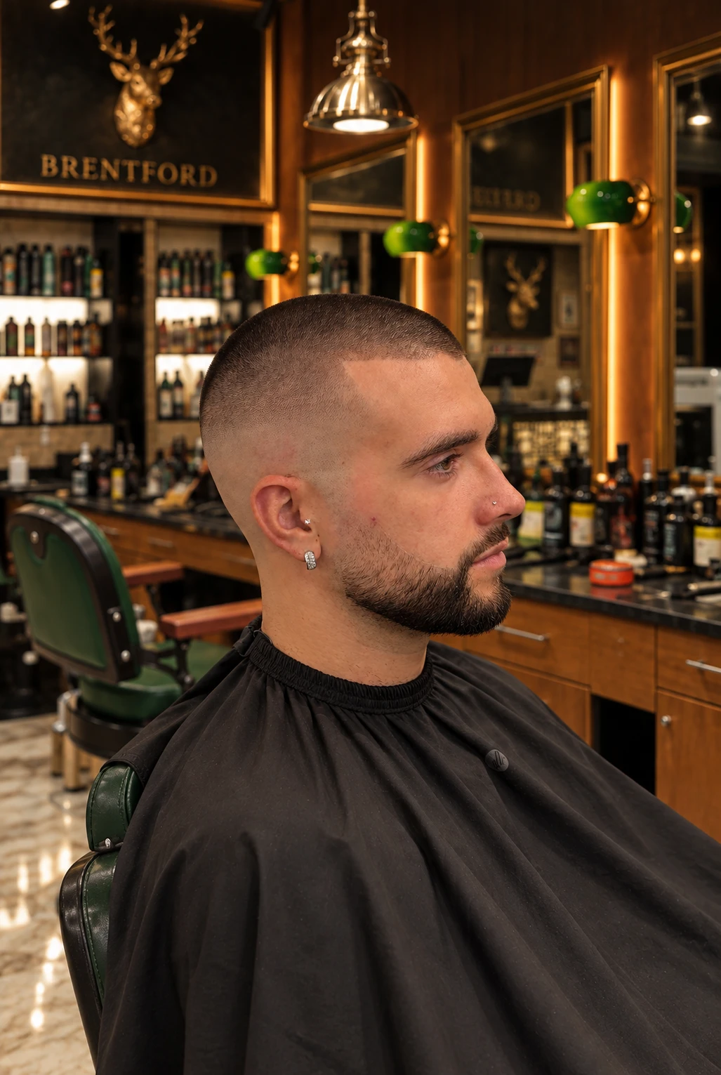 A tight skin fade buzz cut, cut at Crew Barbers Brentford