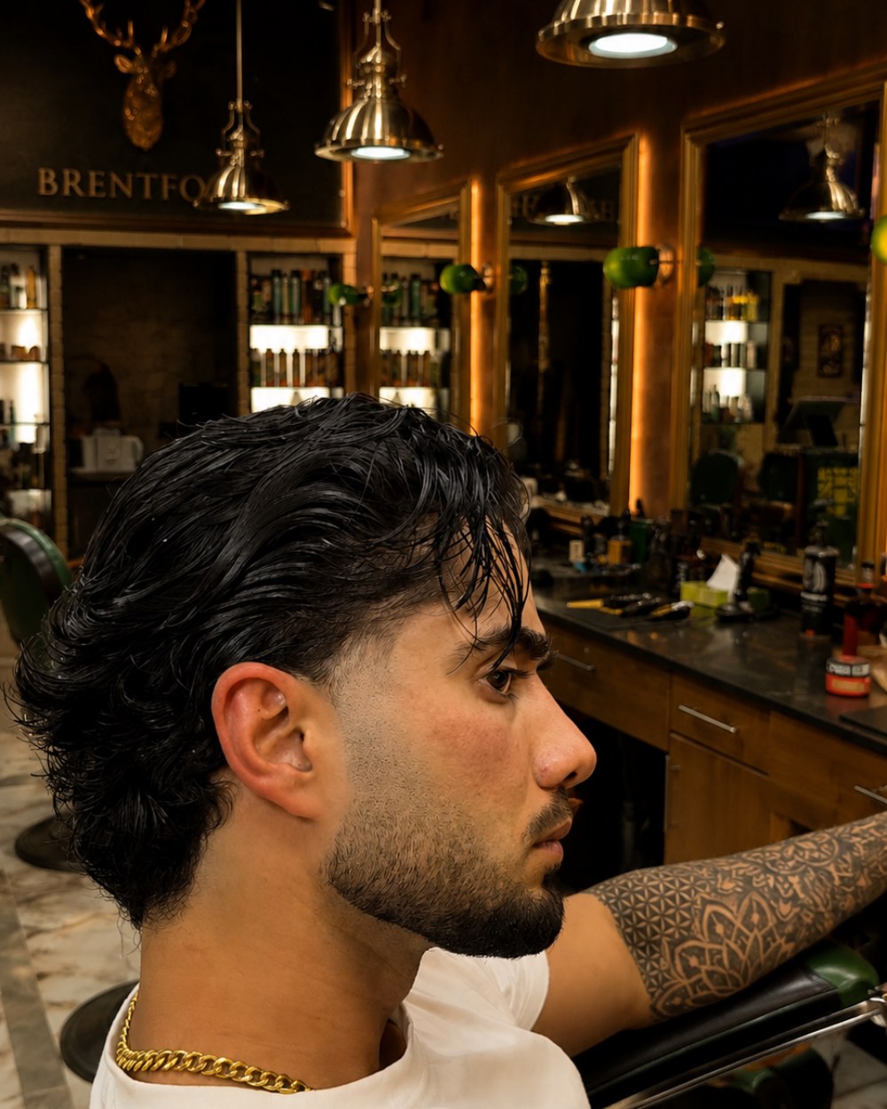 A slick back with a skin fade, cut at Crew Barbers