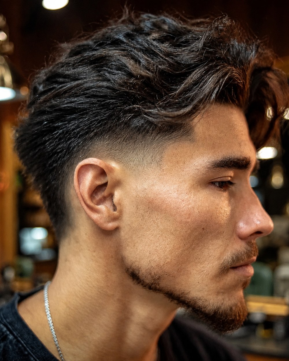 A textured crop with a low taper fade, cut at Crew Barbers