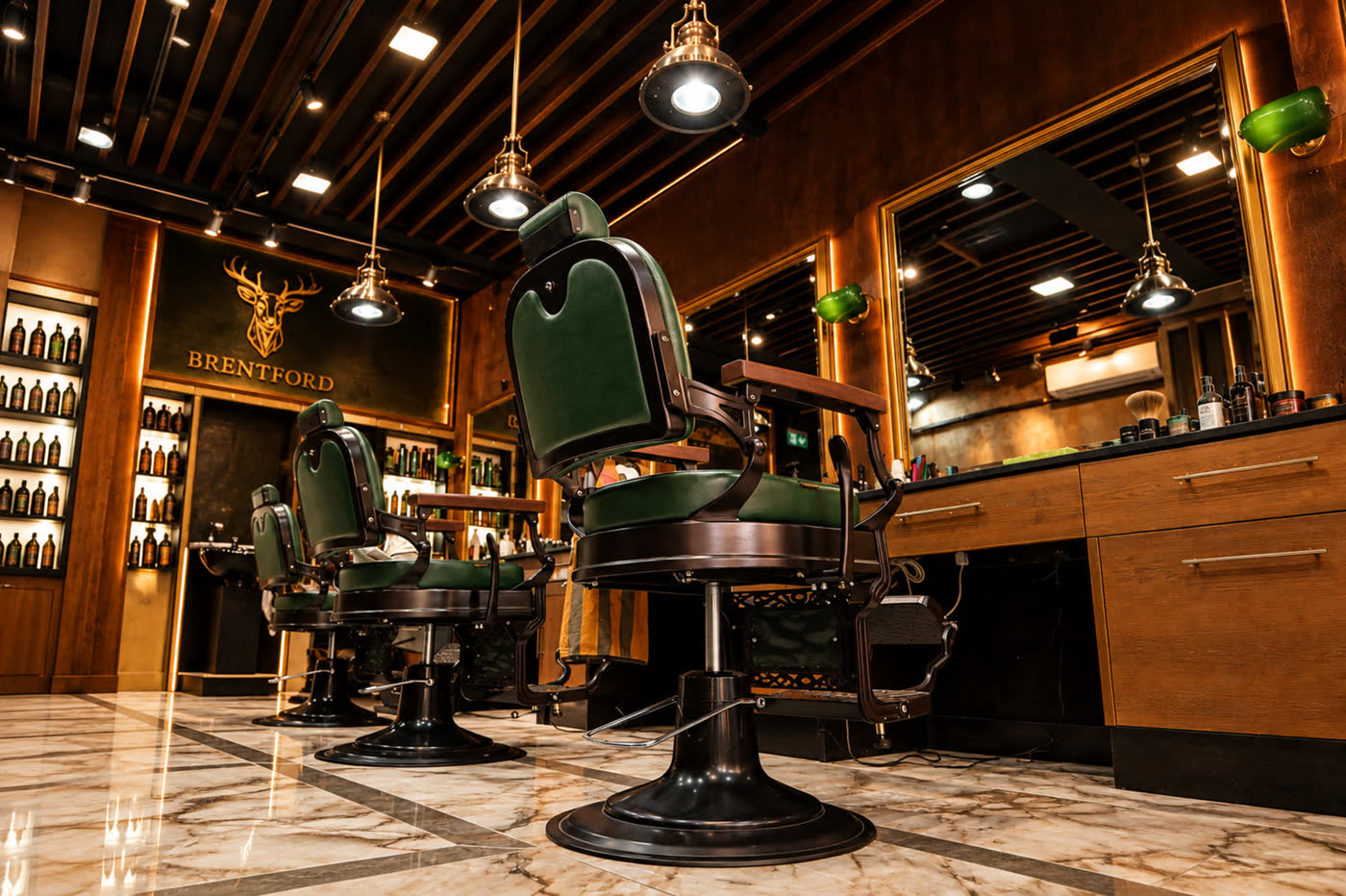 The barber chairs inside Crew Barbers Brentford