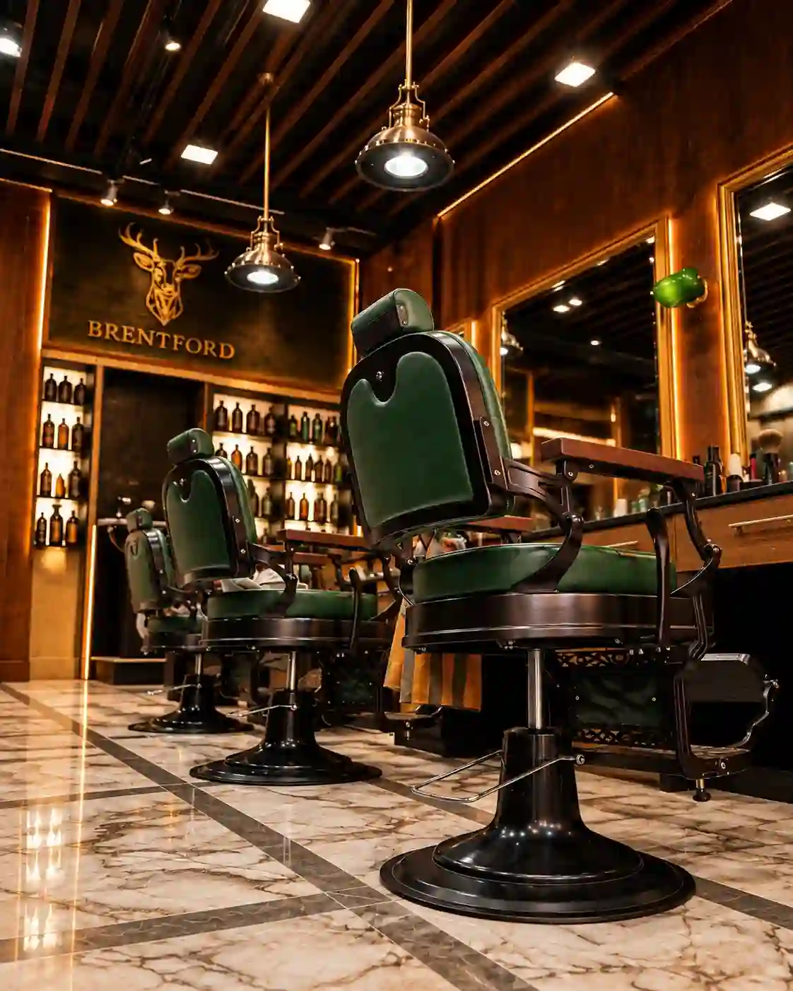 The chairs and BRENTFORD sign inside Crew Barbers Brentford