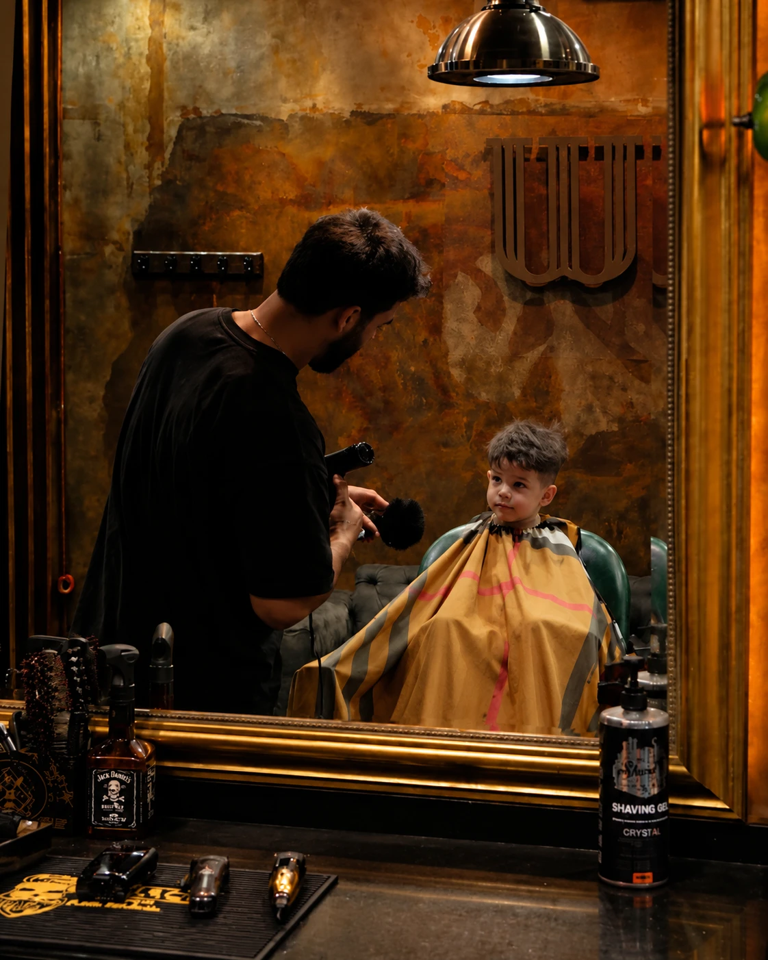 A Crew barber cutting a young boy's hair at Brentford