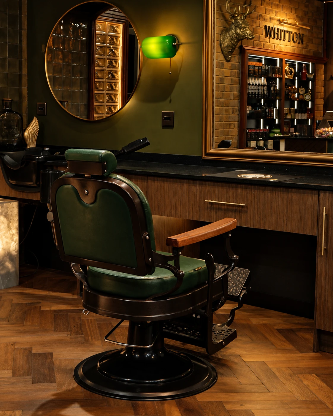 A Crew barber chair, front angle, at the Whitton shop